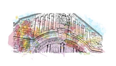 Print Building view with landmark of Bielefeld is the city in Germany. Watercolor splash with hand drawn sketch illustration in vector.