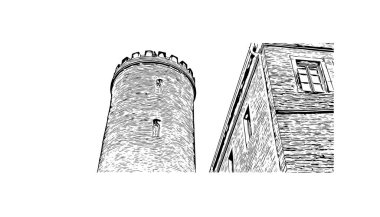 Print Building view with landmark of Bielefeld is the city in Germany. Hand drawn sketch illustration in vector.