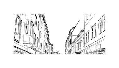 Print Building view with landmark of Bielefeld is the city in Germany. Hand drawn sketch illustration in vector.