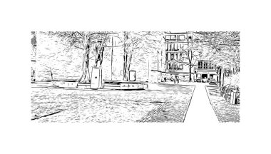 Print Building view with landmark of Bielefeld is the city in Germany. Hand drawn sketch illustration in vector.