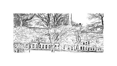 Print Building view with landmark of Bielefeld is the city in Germany. Hand drawn sketch illustration in vector.