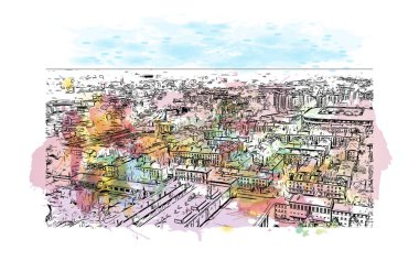 Print Building view with landmark of Bielsko Biala is the city in Poland. Watercolor splash with hand drawn sketch illustration in vector.