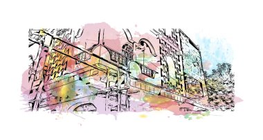 Print Building view with landmark of Bihar Sharif is the city in India. Watercolor splash with hand drawn sketch illustration in vector.