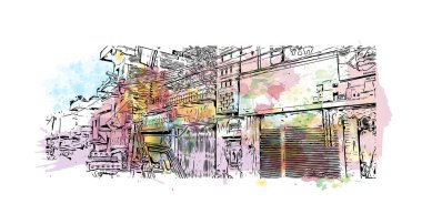 Print Building view with landmark of Bihar Sharif is the city in India. Watercolor splash with hand drawn sketch illustration in vector.