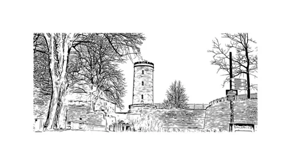 Print Building View Landmark Bielefeld City Germany Hand Drawn Sketch — Vetor de Stock