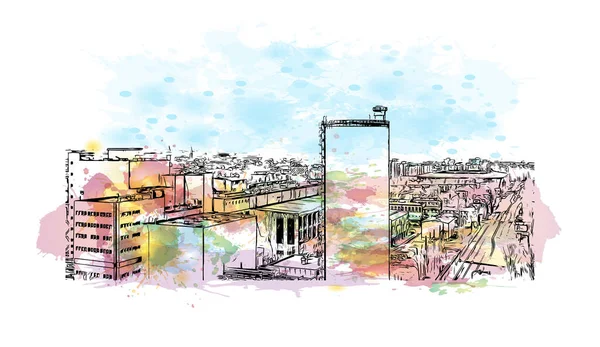Print Building view with landmark of Bielsko Biala is the city in Poland. Watercolor splash with hand drawn sketch illustration in vector.