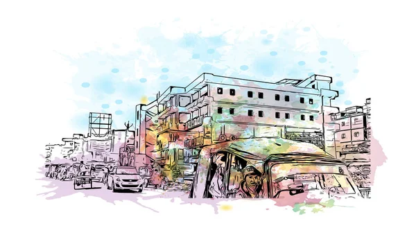 Print Building View Landmark Bihar Sharif City India Watercolor Splash — Vetor de Stock