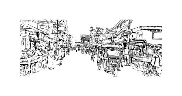 Print Building View Landmark Bihar Sharif City India Hand Drawn — Image vectorielle