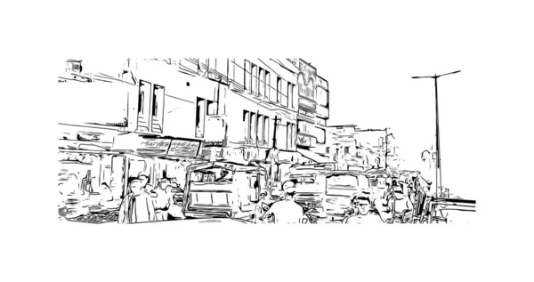 Print Building View Landmark Bihar Sharif City India Hand Drawn — Vetor de Stock