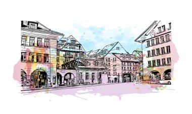 İsviçre 'nin başkenti Bern' in simgesi olan Print Building View 'dir. Vektörde elle çizilmiş resim ile suluboya sıçraması.