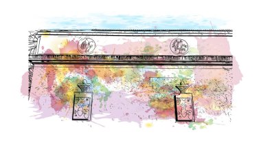 İsviçre 'nin başkenti Bern' in simgesi olan Print Building View 'dir. Vektörde elle çizilmiş resim ile suluboya sıçraması.