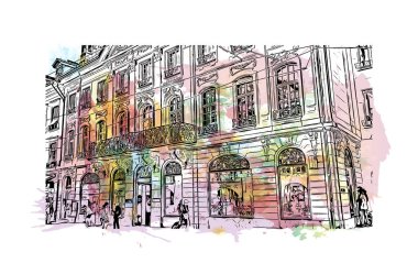 İsviçre 'nin başkenti Bern' in simgesi olan Print Building View 'dir. Vektörde elle çizilmiş resim ile suluboya sıçraması.