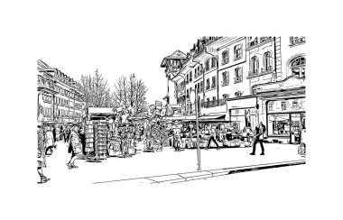 İsviçre 'nin başkenti Bern' in simgesi olan Print Building View 'dir. Vektörde elle çizilmiş çizim çizimi.