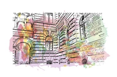 İsviçre 'nin başkenti Bern' in simgesi olan Print Building View 'dir. Vektörde elle çizilmiş resim ile suluboya sıçraması.