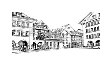İsviçre 'nin başkenti Bern' in simgesi olan Print Building View 'dir. Vektörde elle çizilmiş çizim çizimi.
