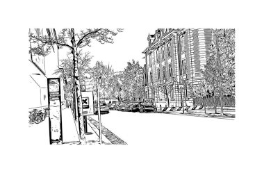 İsviçre 'nin başkenti Bern' in simgesi olan Print Building View 'dir. Vektörde elle çizilmiş çizim çizimi.