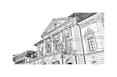 İsviçre 'nin başkenti Bern' in simgesi olan Print Building View 'dir. Vektörde elle çizilmiş çizim çizimi.