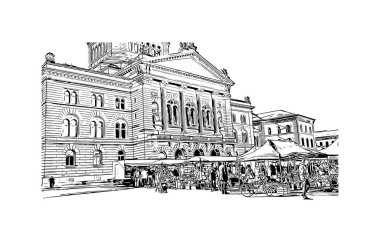 İsviçre 'nin başkenti Bern' in simgesi olan Print Building View 'dir. Vektörde elle çizilmiş çizim çizimi.