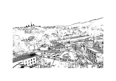 İsviçre 'nin başkenti Bern' in simgesi olan Print Building View 'dir. Vektörde elle çizilmiş çizim çizimi.