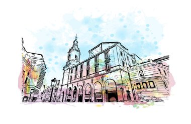 Print Building view with landmark of Bilbao is the city in Spain. Watercolor splash with hand drew illustration in vector.