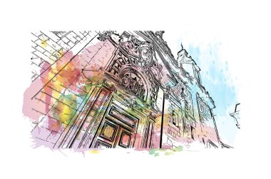 Print Building view with landmark of Bilbao is the city in Spain. Watercolor splash with hand drew illustration in vector.