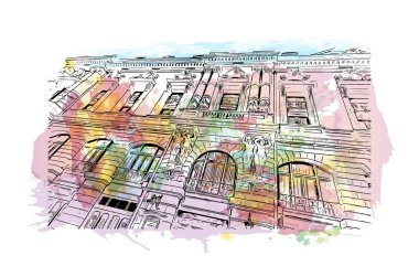 Print Building view with landmark of Bilbao is the city in Spain. Watercolor splash with hand drew illustration in vector.