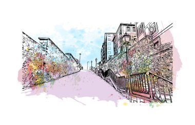 Print Building view with landmark of Bilbao is the city in Spain. Watercolor splash with hand drew illustration in vector.