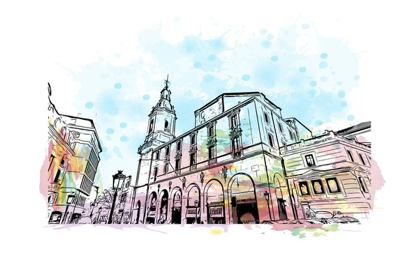 Print Building View Landmark Bilbao Város Spanyolországban Watercolor Splash Kézzel — Stock Vector