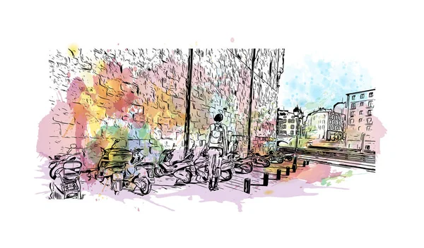 Print Building view with landmark of Bilbao is the city in Spain. Watercolor splash with hand drew illustration in vector.