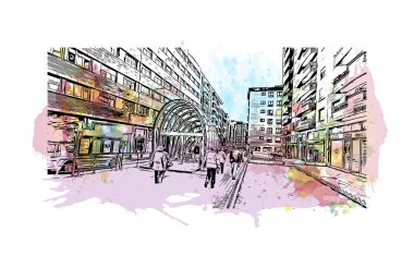 Print Building view with landmark of Bilbao is the city in Spain. Watercolor splash with hand drew illustration in vector.