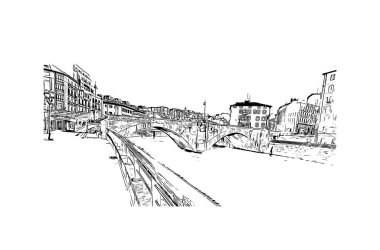 Print Building view with landmark of Bilbao is the city in Spain. Vektörde elle çizilmiş çizim çizimi.