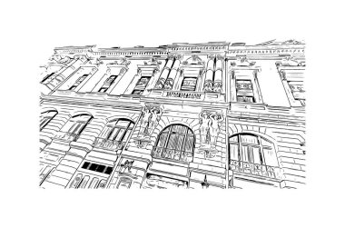 Print Building view with landmark of Bilbao is the city in Spain. Vektörde elle çizilmiş çizim çizimi.