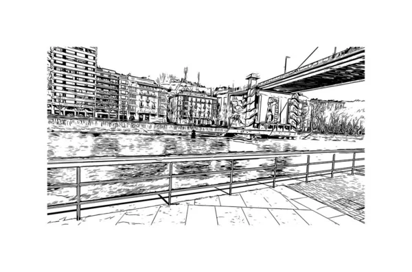 Imprimir Vista Del Edificio Con Hito Bilbao Ciudad España Dibujo — Vector de stock