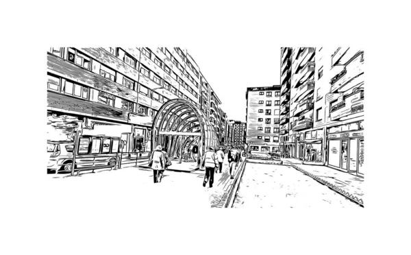 Stampa Vista Edificio Con Punto Riferimento Bilbao Città Spagna Illustrazione — Vettoriale Stock