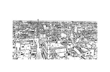 Print Building view with landmark of Biratnagar is a metropolitan city in Nepal. Hand drawn sketch illustration in vector.