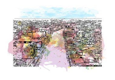 Print Building view with landmark of Biratnagar is a metropolitan city in Nepal. Watercolor splash with hand drawn sketch illustration in vector.
