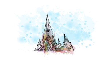 Print  Building view with landmark of Birmingham is a major city in England. Watercolor splash with hand drawn sketch illustration in vector.
