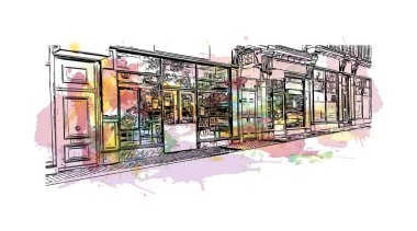 Print  Building view with landmark of Birmingham is a major city in England. Watercolor splash with hand drawn sketch illustration in vector.