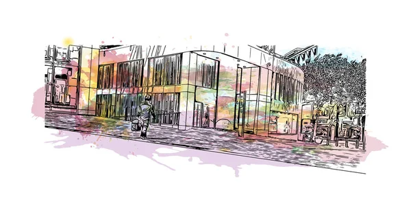 Print Building View Landmark Birmingham Major City England Watercolor Splash — Stock vektor