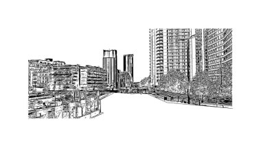 Print Building view with landmark of Birmingham is a major city in England. Hand drawn sketch illustration in vector.