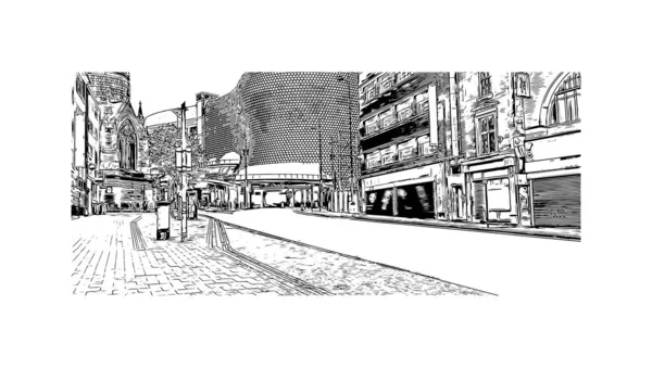 Print Building View Landmark Birmingham Major City England Hand Drawn — Stok Vektör