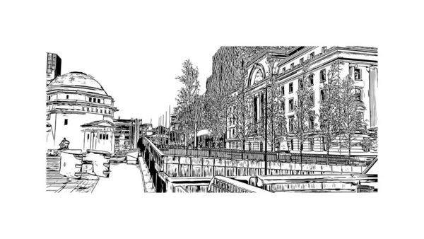 Print Building View Landmark Birmingham Major City England Hand Drawn — Stock vektor