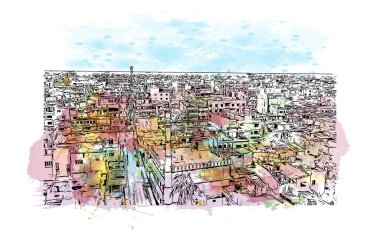 Print Building view with landmark of Biratnagar is a metropolitan city in Nepal. Watercolor splash with hand drawn sketch illustration in vector.