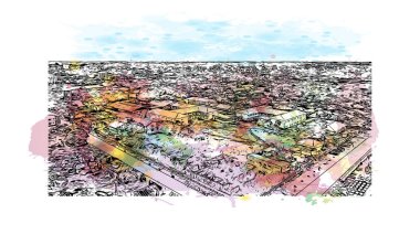 Bissau Baskı Binası manzarası, başkent Gine Bissau 'dur. Vektörde elle çizilmiş resim ile suluboya sıçraması.