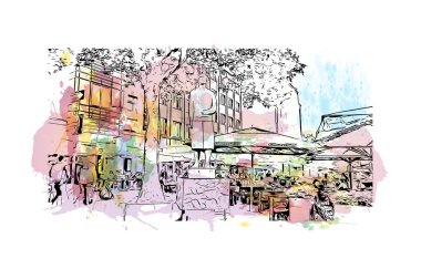 Print Building view, Almanya 'da Bochum eyaletinde yer alan bir şehirdir. Vektörde elle çizilmiş resim ile suluboya sıçraması.