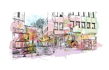 Print Building view, Almanya 'da Bochum eyaletinde yer alan bir şehirdir. Vektörde elle çizilmiş resim ile suluboya sıçraması.