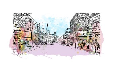 Print Building view, Almanya 'da Bochum eyaletinde yer alan bir şehirdir. Vektörde elle çizilmiş resim ile suluboya sıçraması.
