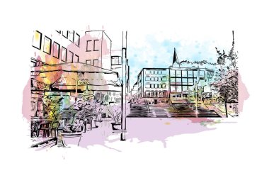 Print Building view, Almanya 'da Bochum eyaletinde yer alan bir şehirdir. Vektörde elle çizilmiş resim ile suluboya sıçraması.