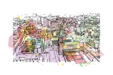 Print Building view, Almanya 'da Bochum eyaletinde yer alan bir şehirdir. Vektörde elle çizilmiş resim ile suluboya sıçraması.