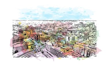 Print Building view, Almanya 'da Bochum eyaletinde yer alan bir şehirdir. Vektörde elle çizilmiş resim ile suluboya sıçraması.